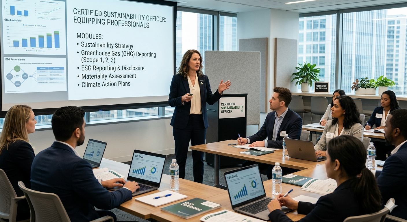 Sustainability training environment with environmental strategy and carbon reporting context